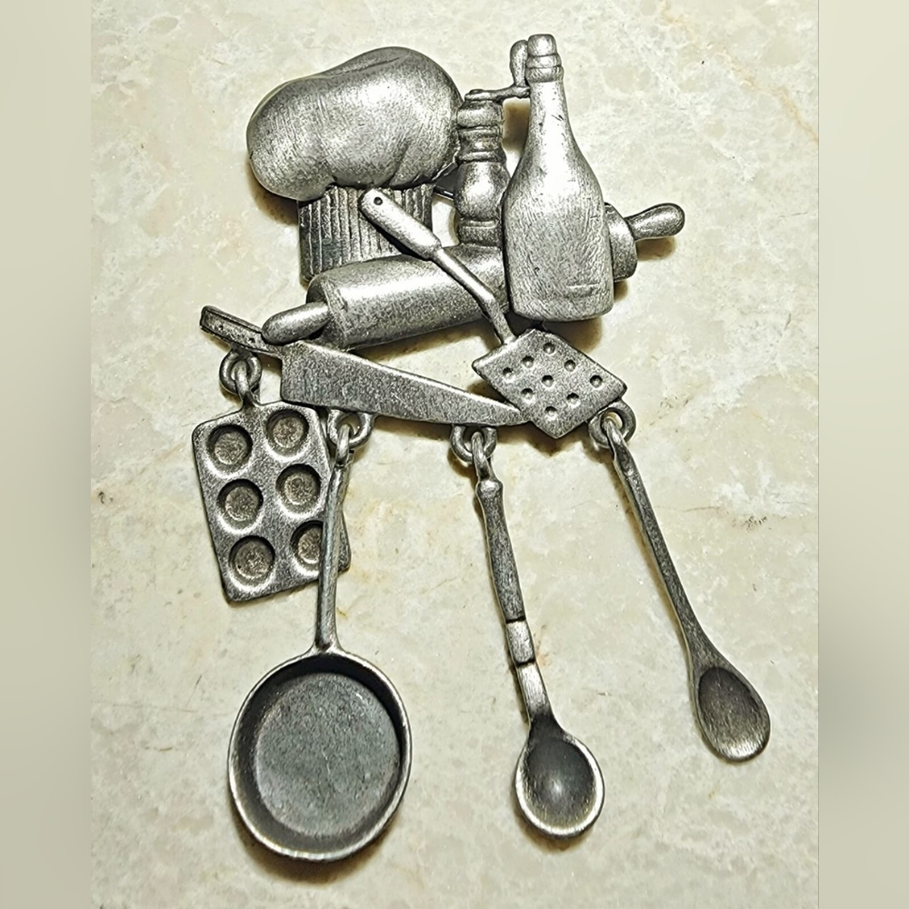 Chef baking tools vintage silver pewter brooch by JJ, gift For chef, culinary